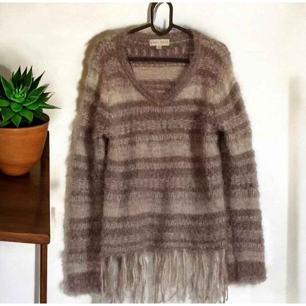 Knox rose fluffy fringed Tan Taupe sweater with Fringe Women’s Size M Medium